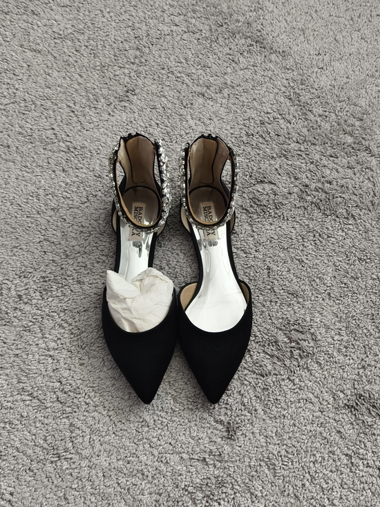 Badgley Mischka Shoes - Black Pointed Toe Ankle Strap Satin Flats